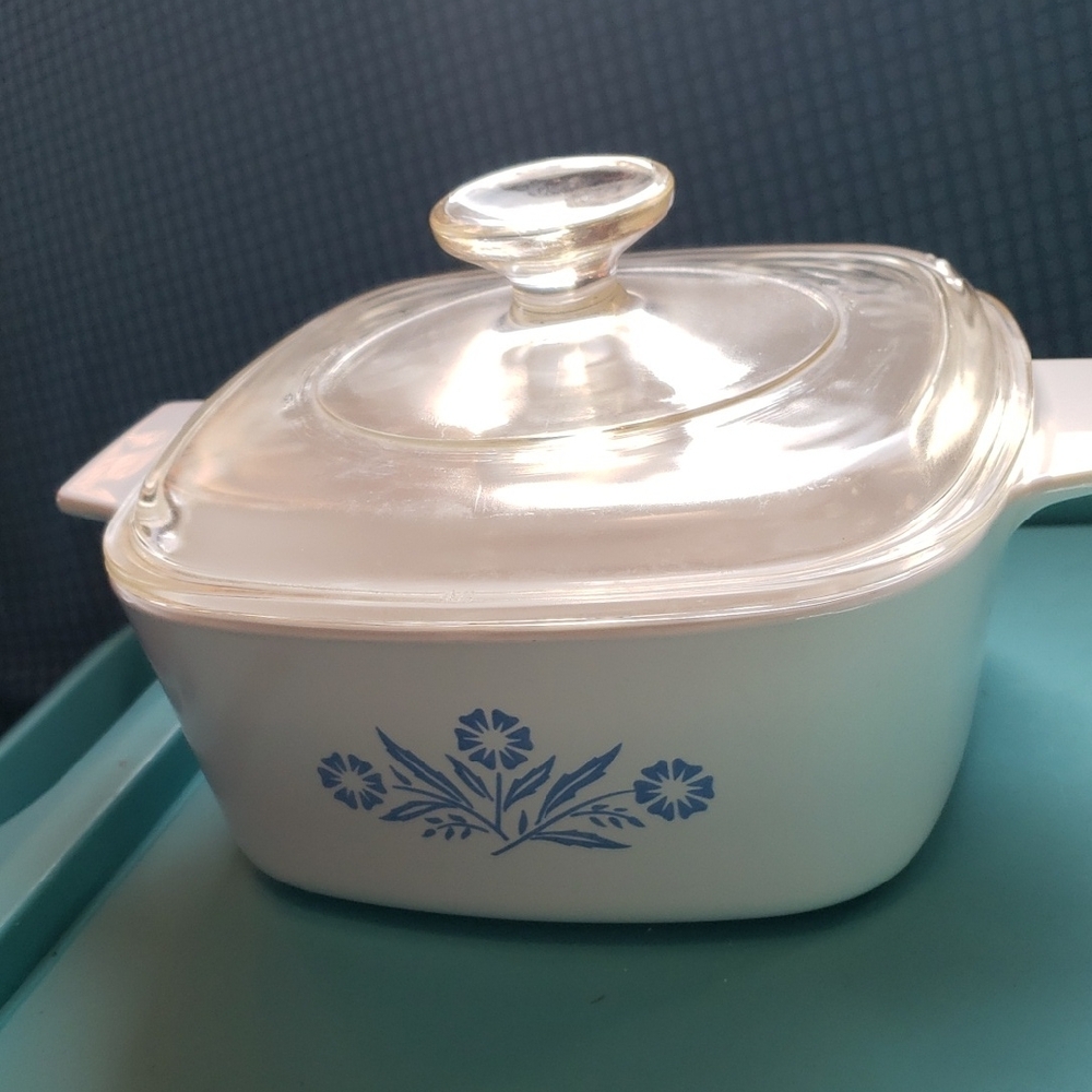 Glass Lid White Casserole Dish with Blue Floral Design